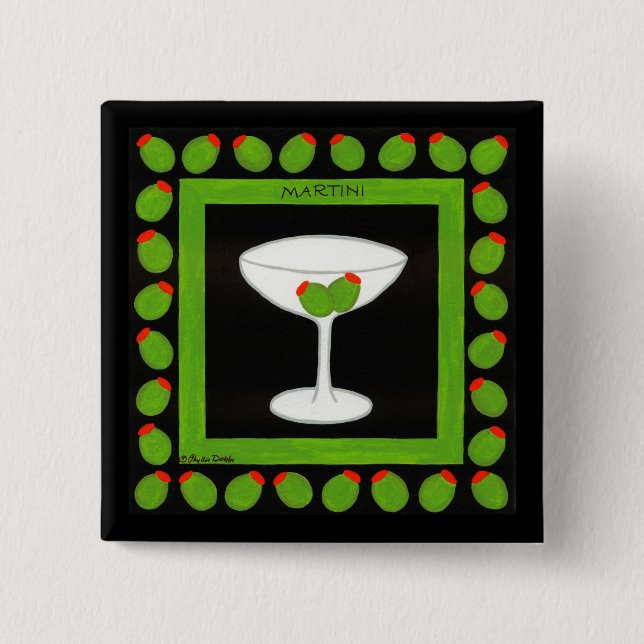 Martini Retro Drink Green Olives Black Badge Pinback Button (Front)