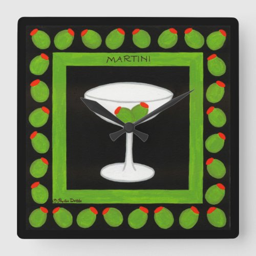 Martini Retro Drink Green Olives on Black Square Wall Clock