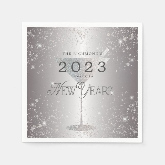 Martini Silver Glitter New Years Eve Party Napkins (Front)