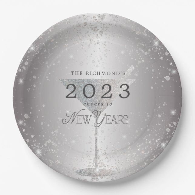 Martini Silver Glitter New Years Eve Party Paper Plates (Front)