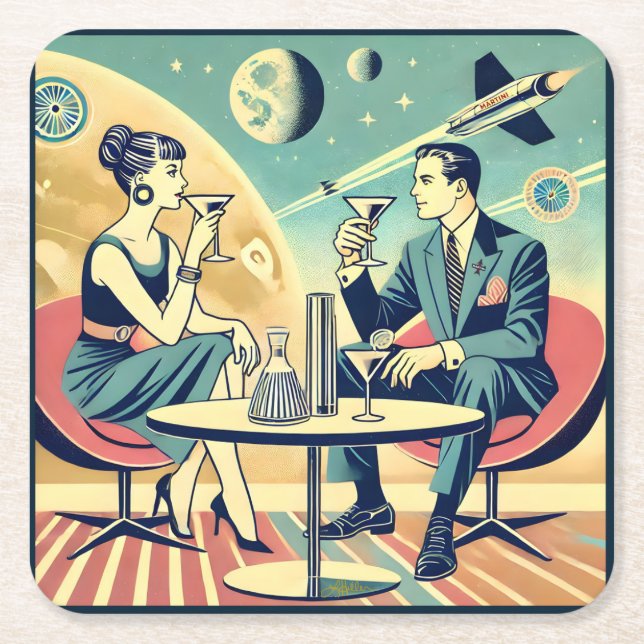 Martini Space Travel Posters Flight Crew Square Paper Coaster (Front)