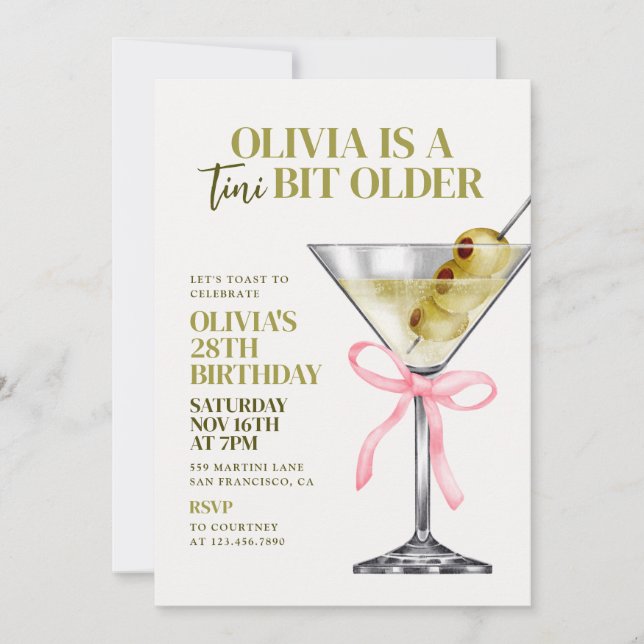 Martini Themed Birthday Invite, A Tini Bit Older Invitation (Front)