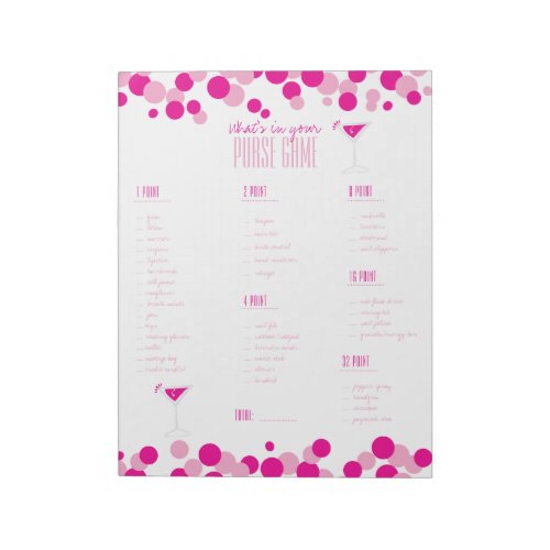 Martini Whats in Your Purse Bridal Game Notepad