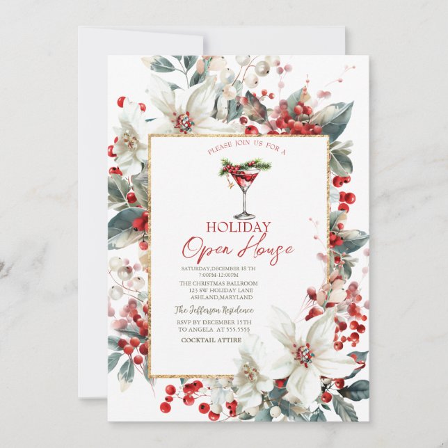  Martini White Poinsettia Holiday Open House Invitation (Front)