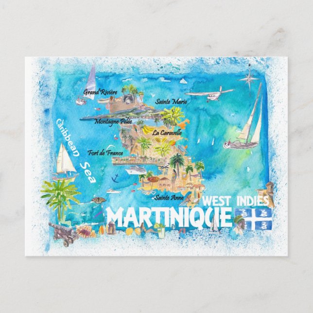 Martinique Antilles Illustrated Caribbean Travel  Postcard (Front)
