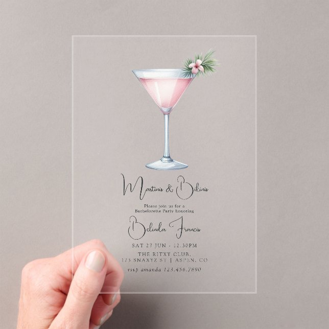 Martinis and Bikinis Tropical Bachelorette Party Acrylic Invitations (Insitu (Handheld))