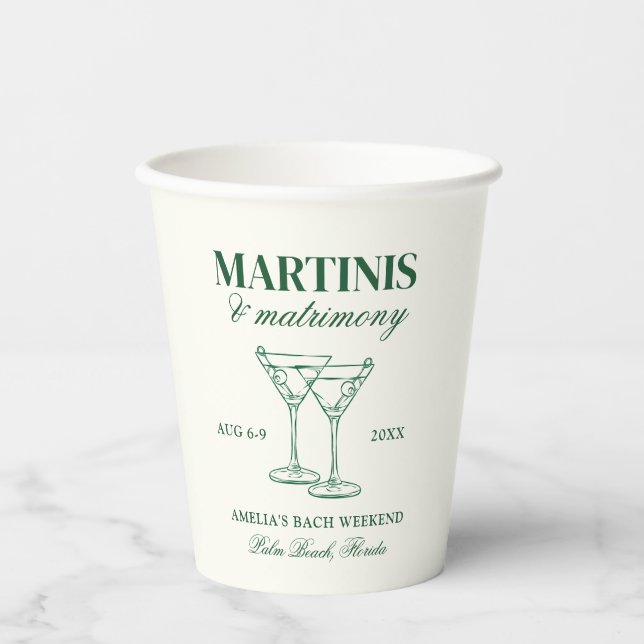 Martinis & Matrimony Bachelorette Weekend Paper Cups (Front)