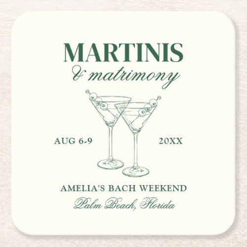 Martinis  Matrimony Bachelorette Weekend Square Paper Coaster
