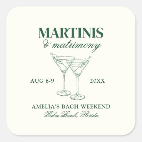 Martinis  Matrimony Bachelorette Weekend Square Sticker