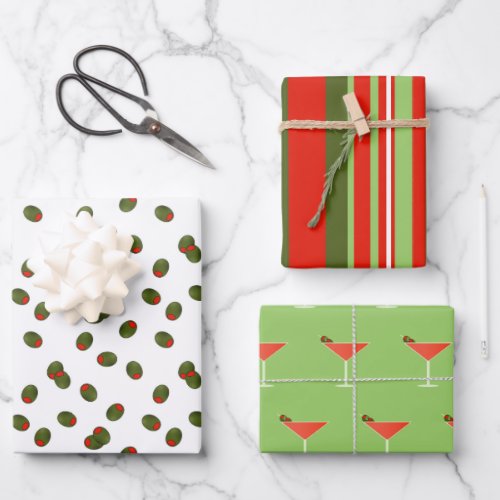 Martinis Olives and Stripes Assorted Wrapping Paper Sheets