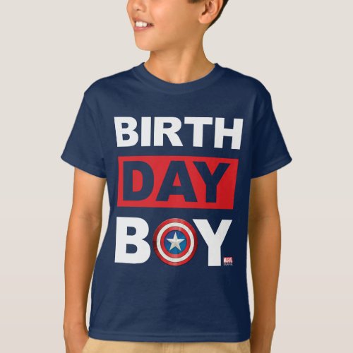 Marvel | Captain America - Birthday T-Shirt - It's time to suit up and be the superhero who really saves the day with this cool design from Captain America. Personalize this Navy Birthday Boy shirt by adding your child's name and age.