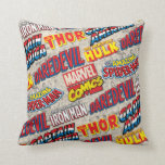 Marvel Comics Titles Pattern Throw Pillow<br><div class="desc">This vintage pattern features various Marvel comic book titles for Captain America,  The Amazing Spider-Man,  The Invincible Iron Man,  The Mighty Thor,  Daredevil,  and the retro Marvel Comics logo arranged on top of comic book pages.</div>