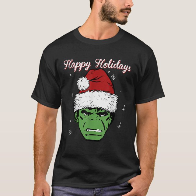 Marvel Hulk Santa Hat Happy Holidays Portrait Chri T-Shirt (Front)