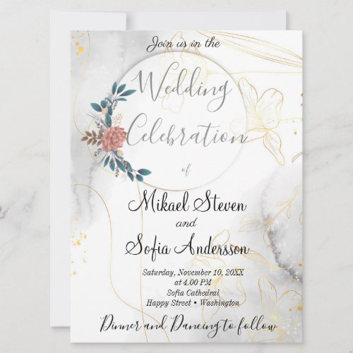 Marvellous Golden Flowers with Marble Background I Invitation