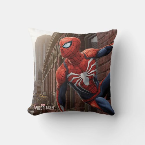 Marvels Spider_Man  Hanging On Wall Pose Throw Pillow