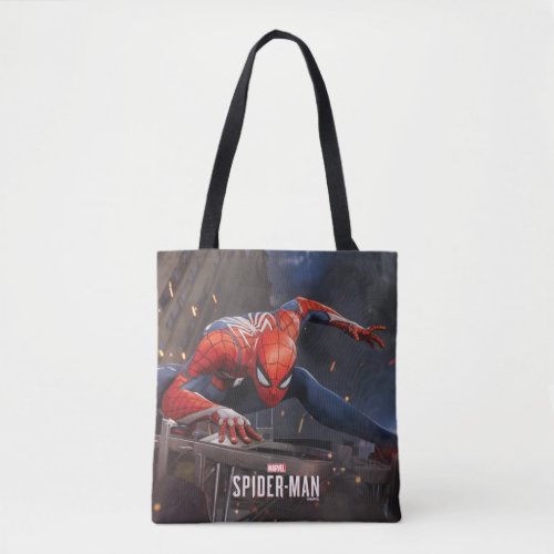 Marvels Spider_Man  Landing on Webbed Helicopter Tote Bag