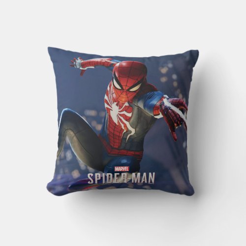 Marvels Spider_Man  Web Shooting Through city Throw Pillow