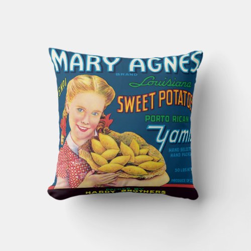 Mary Agnes Louisiana Sweet Potatoes Vintage Label Throw Pillow