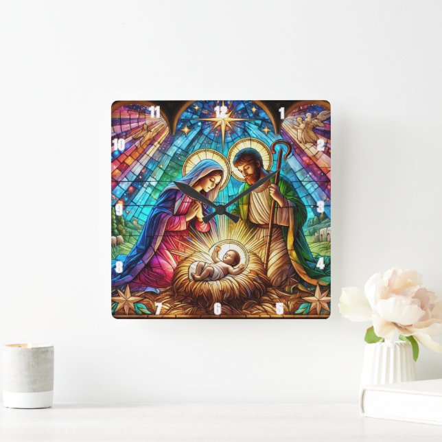 Mary And Joseph Adoring Baby Jesus Square Wall Clock (Home)