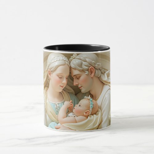 Mary and Joseph holding the baby Mug