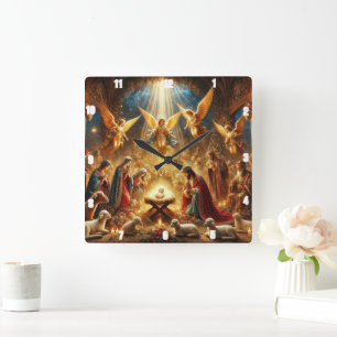 Mary and Joseph tenderly adoring baby Jesus Square Wall Clock