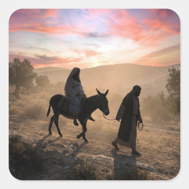 Mary and Joseph Traveling To Bethlehem Square Sticker (Front)