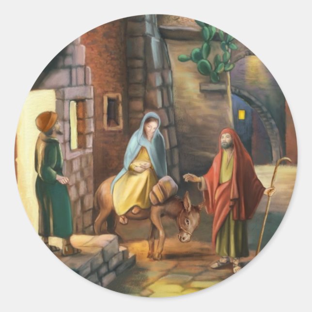 Mary and Joseph with a donkey on Christmas Eve Classic Round Sticker (Front)