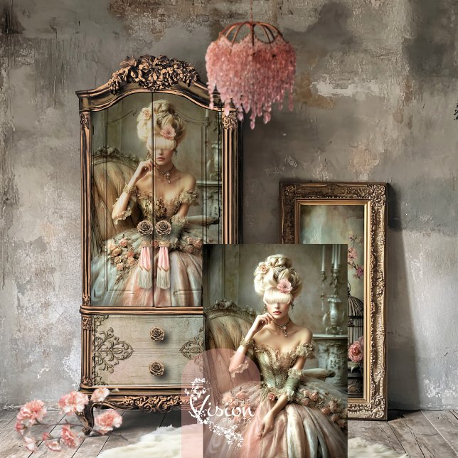 Mary Antoinette Delectable, Portrait & Floral  Tissue Paper (Mary Antoinette Delectable, Portrait and floral vintage scene, sage green & pink decoupage paper.)