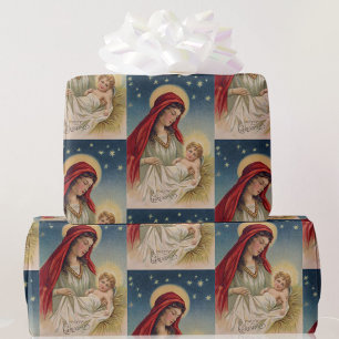 Mary Baby Jesus Halo Vintage Card Reproduction Wrapping Paper