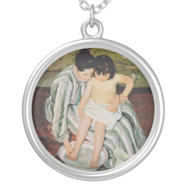 Mary Cassatt Child's Bath Painting Silver Plated Necklace (Front)