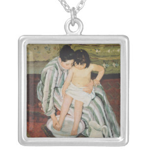 Mary Cassatt Child's Bath Painting Silver Plated Necklace
