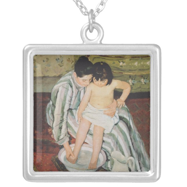 Mary Cassatt Child's Bath Painting Silver Plated Necklace (Front)