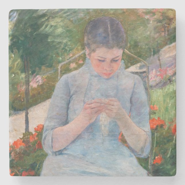 Mary Cassatt - Girl sewing in a Garden Stone Coaster (Front)
