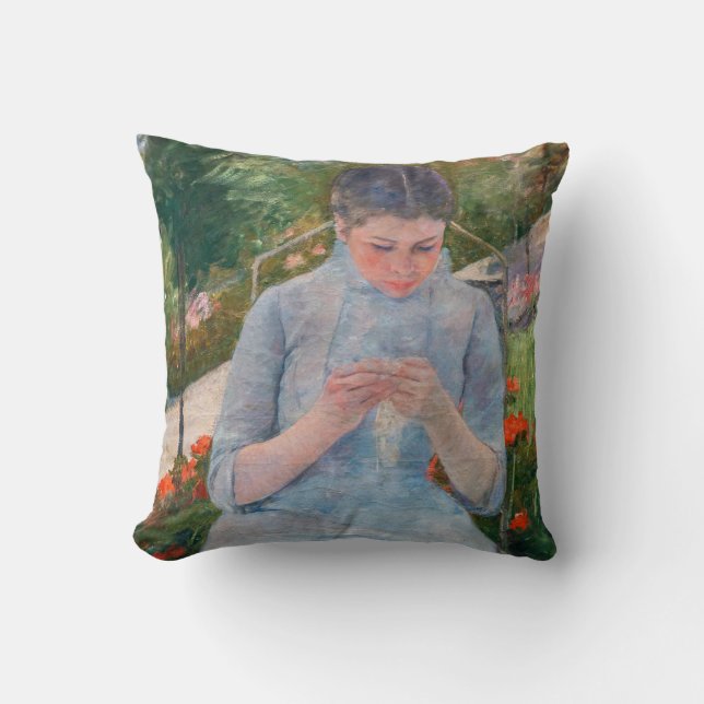 Mary Cassatt - Girl sewing in a Garden Throw Pillow (Front)