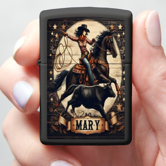 Mary Cowgirl Rodeo Action Zippo Lighter (In Hand)