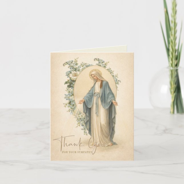 Mary Floral Catholic Funeral Condolence Thank You Card (Front)