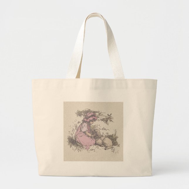 Mary Had a Little Lamb Nursery Rhyme Large Tote Bag (Front)