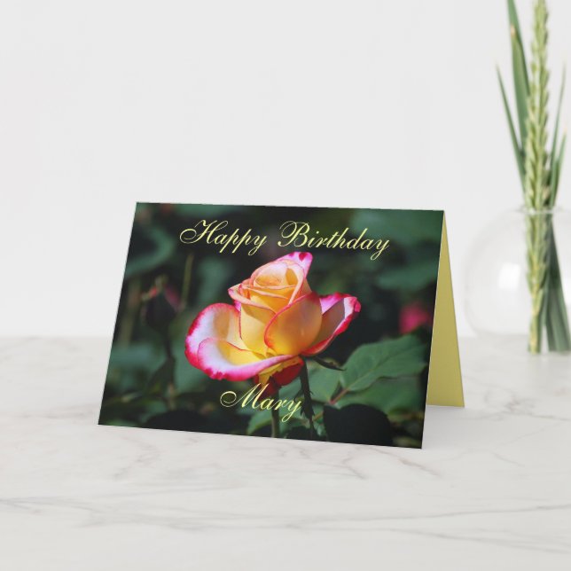Mary Happy Birthday Red, Yellow and White Rose Card (Front)