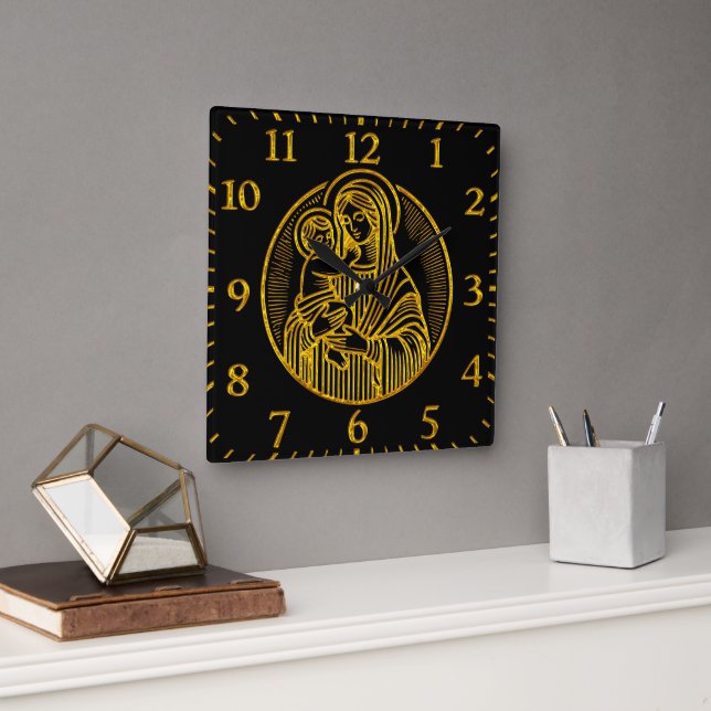 Mary Holding Jesus in Serene Gold Square Wall Clock (Office)