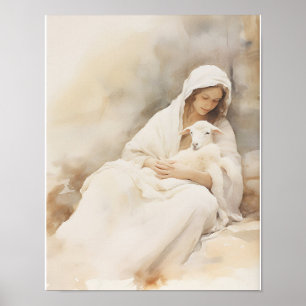 Mary Holding Lamb Watercolor Art Print