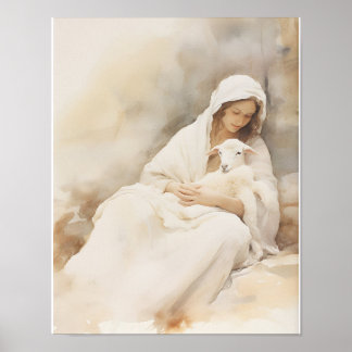 Mary Holding Lamb Watercolor Art Print