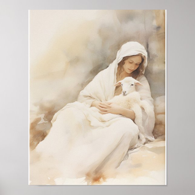 Mary Holding Lamb Watercolor Art Print (Front)