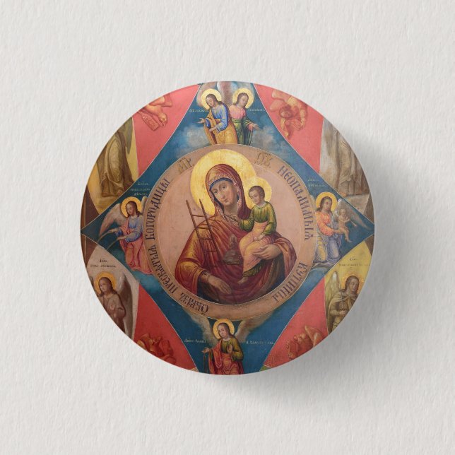 Mary, Jesus, And Angels Pinback Button (Front)