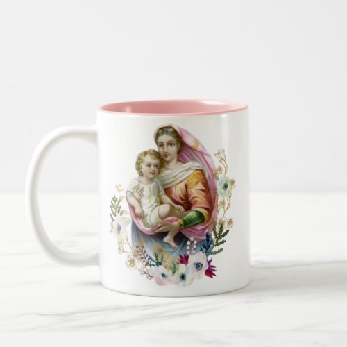 Mary  Jesus Floral religious Memorare Prayer Two_Tone Coffee Mug