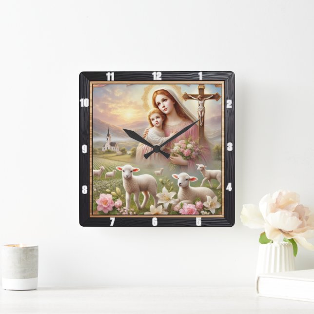 Mary Jesus Lambs Spiritual Square Wall Clock (Home)