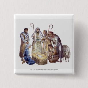 Mary, Joseph, and shepherds surrounding baby Jesus Pinback Button