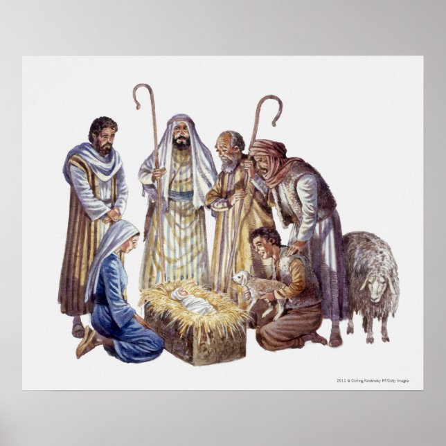 Mary, Joseph, and shepherds surrounding baby Jesus Poster (Front)
