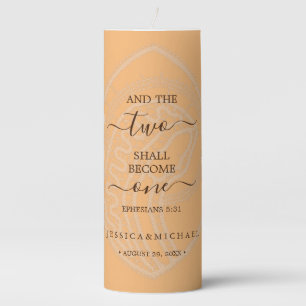 Mary lace on peach background Wedding Pillar Candle
