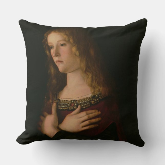 Mary Magdalene, detail from the Virgin and Child w Throw Pillow (Front)
