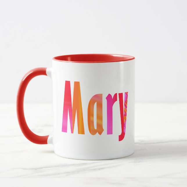 "Mary" Name, Fun Colorful Pink Orange Lettering Mug (Left)